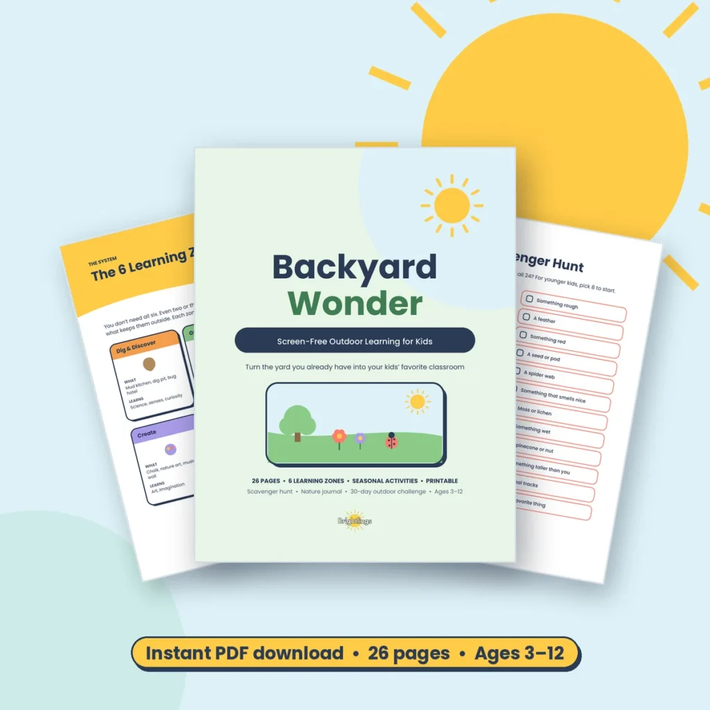 Backyard Wonder printable guide to screen-free outdoor learning for kids, cover and sample pages