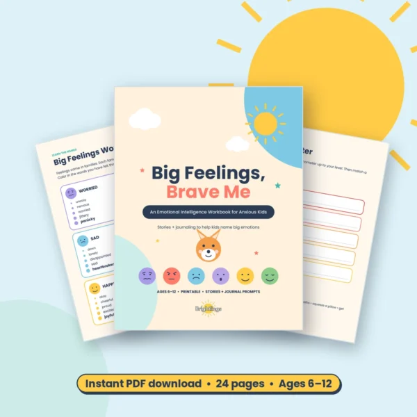 Big Feelings, Brave Me printable emotional intelligence workbook for anxious kids, with cover and interior pages