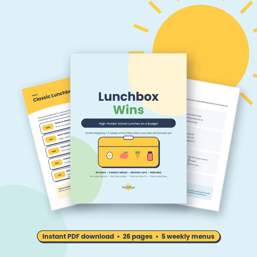 Lunchbox Wins printable guide to high-protein school lunches on a budget, with cover and sample pages