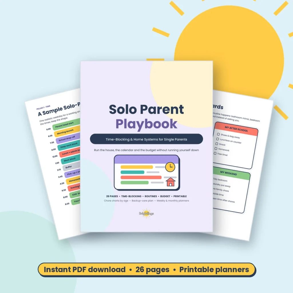 Solo Parent Playbook printable single parent planner with time-blocking and home systems, cover and sample pages